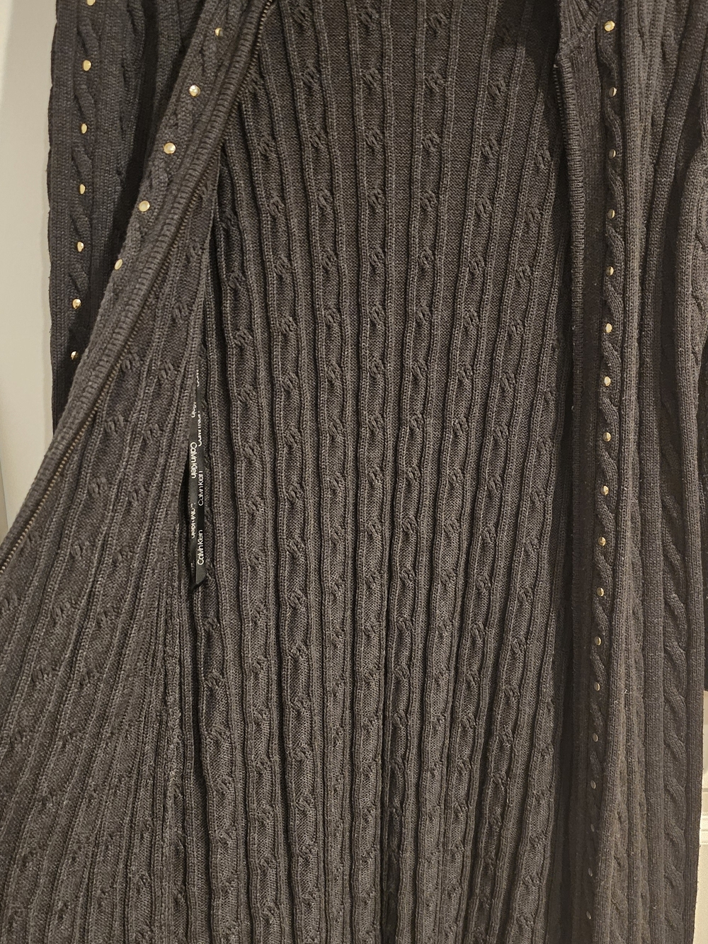 Calvin Klein Charcoal Cable-Knit Cardigan with Gold Stud Detail